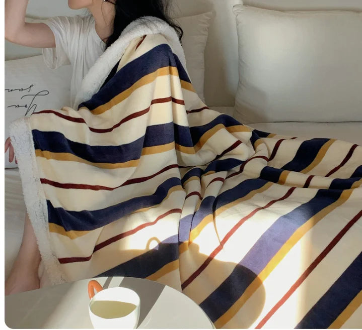 YICKYUE  -  Stripe Double-Layered Warm Throw Blanket - Soft, Reversible, Machine Washable, All-Season Cozy Fleece for Couch & Bed,