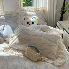 YICKYUE  -  Autmn Winter Duvet Cover Set  A-Class High Weight Milk Velvet  Flower Jacquard Colored Tulip Girl Lace Simple Bedding Set Warm