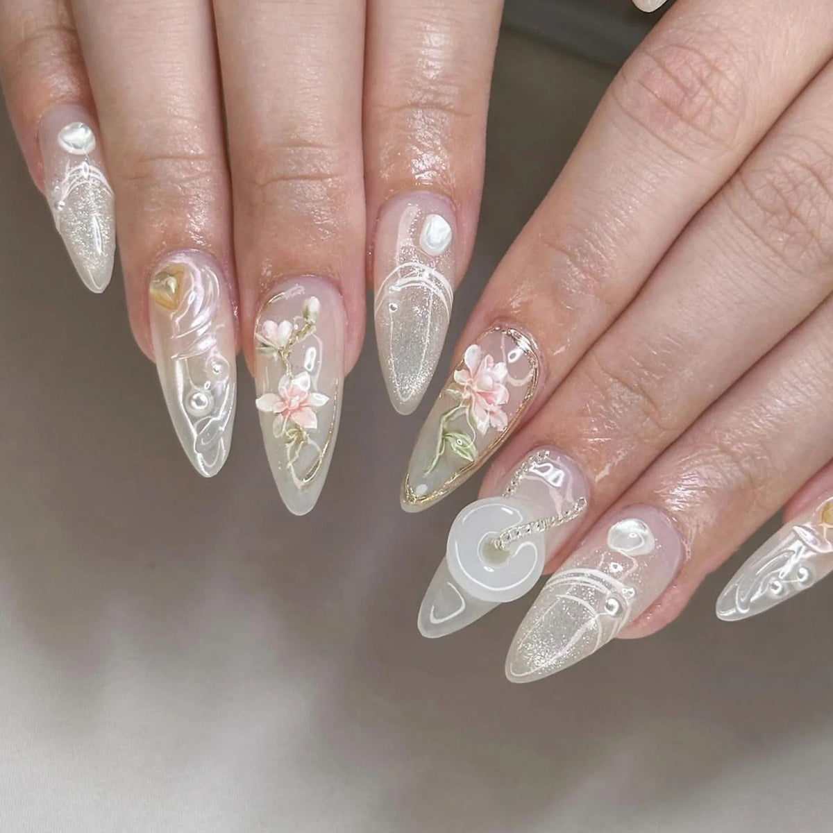 YICKYUE  -  Gradient Pink Water Droplet Ripple French 3D Chinese Character Flower False Nail Art Detachable Finished Fake Nail Press on Nail