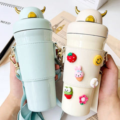 2022 DIY Cute straw Insulated Water Bottle Stainless Steel Thermos Portable Couples Travel Bottle With Shoulder strap Crossbody