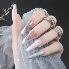 24Pcs Gradient Long Ballet False Nails Butterfly Simple Shiny Rhinestone Pattern Design Wearable Fake Nails Press On Nails 2022