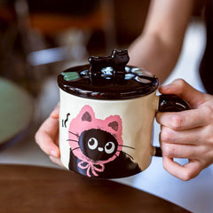 YICKYUE  -  Ceramic Mug Cute Cat Girl With Lid Spoon Office Water Cup Student Office Milk Breakfast Couple Birthday Companion Valentine Gift
