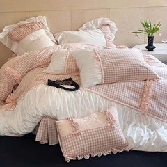 YICKYUE  -  Pink Gingham with Bow Ruched Bedding Set