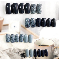False nails with designs Squoal Head Blue and Gray Smudged stick on nails Finished Nail art 24 Pcs With Glue for girls