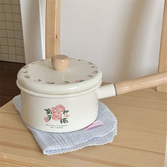 YICKYUE  -  Enamel Milk Pan With Lid Vintage Pink Rose Kitchen Pots Offers Baby Food Pot Small Noodle Soup Pot Enamel Cookware Utensils