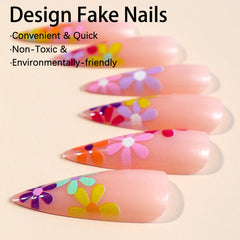 YICKYUE 24pcs Long Point Press On Nails Colorful Small Flower Sweet False Nails for Girl Wearable Artificial Nail Tips Free Shipping