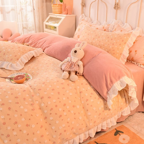 Autumn and Winter Milk Fiber Four-Piece Ins Coral Fleece-Lined Thickened Princess Style Double-Sided Bed Sheet Girl Quilt Cover