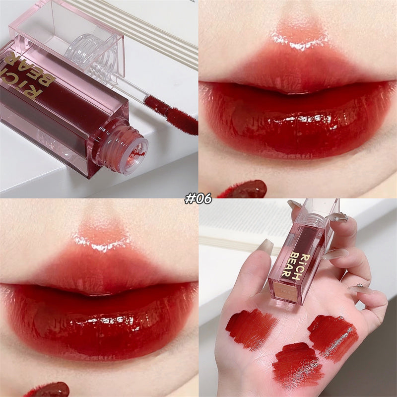 YICKYUE  -  Dark Red Mirror Lip Glaze Water Light Mirror Lip Gloss Moisturizing Clear Long-lasting Non-stick Cup Red Liquid Lipstick Makeup