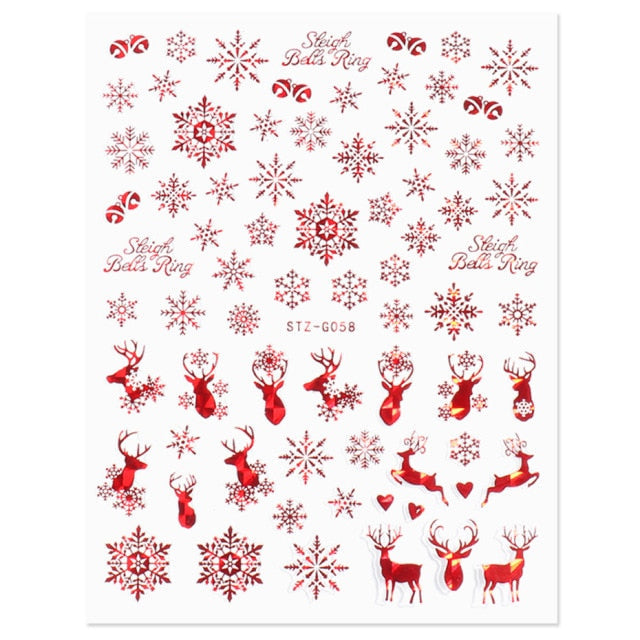 Holographic Red Christmas Nail Sticker Shine Glitter Snowflake Elk Santa Claus Transfer Slider Winter 3D Decal SASTZG050-058