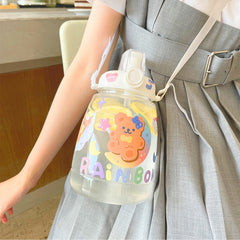 1300ml Cute Bear Big Capacity Water Bottle With Straw Strap Plastic Portable Sport Transparent Drink Bottles For Children Girl