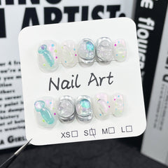 YICKYUE  -  10Pcs Cute Short Press On Nails INS Colorful Dot Cat Eye False Nails 3D Charm Silvery Fake Nails Full Cover Fake Nail Tips Art