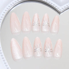 YICKYUE  24Pcs Pink Almond Press-On Nails Glossy Sweety Heart Patterns False Nail Tips with Cat Eye, Mirror Disign for Women&Girls Wear