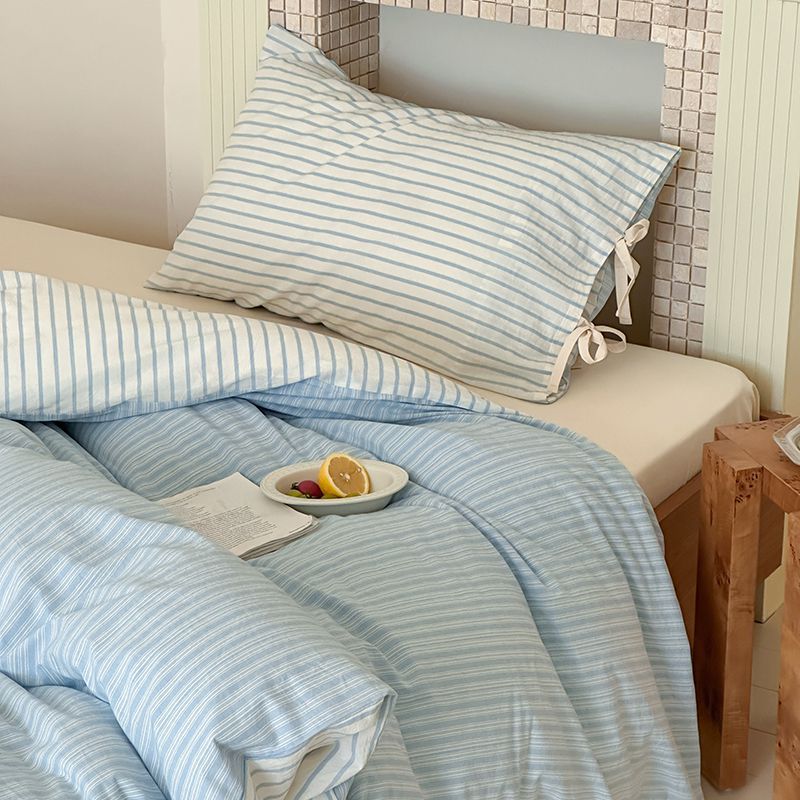 YICKYUE  -  INS Korean Minimalist Stripe Cotton Bedding Set – Nordic Style with Bow Tie Detail | 4 Pieces