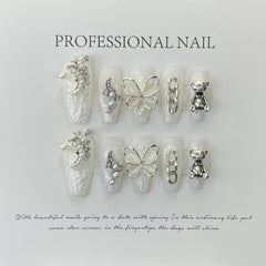Yickyue 10Pcs Set White Butterfly Handmade Press On Nails Long Ballet Decoration Pearl False Nails Wearable Manicure Fake Nails Tips Art