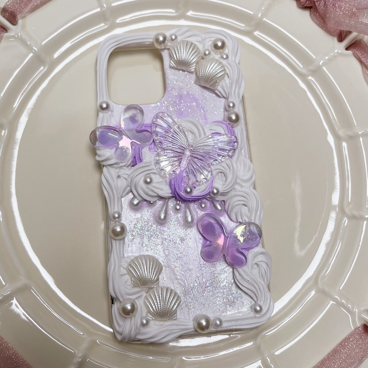 Handmade Customized Case For Samsung Galaxy S21 FE DIY Phone Cover S21 ultra Purple Bowknot Baroque cream bling shell Girl gift