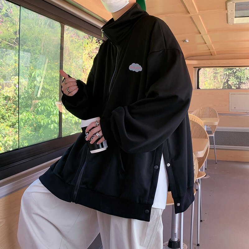 YICKYUE  -  Harajuku Embroidery Zip Up Hoodies Mens Loose Long Sleeve Sweatshirt Men Bifurcated side buckle Spring Oversized Hooded Jacket