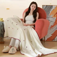 Korean Baby Velvet Embroidered Blanket Double Sided Warm Blanket for Travel Bedroom Single Nap Office Sofa Cover for All Seasons