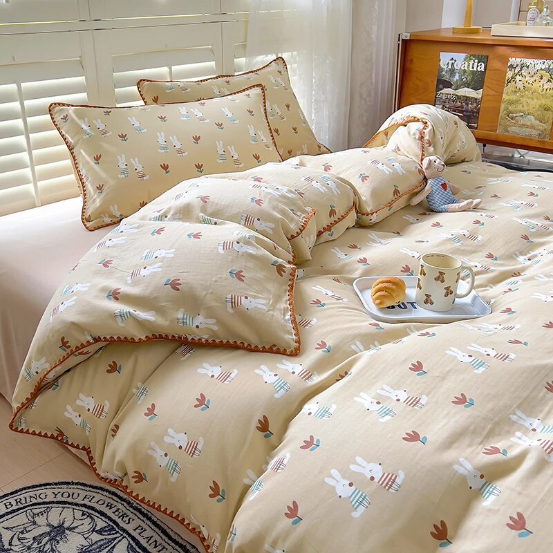 Yickyue Color Pastoral Style Bedding Set Boys Girls Twin Queen Size Duvet Cover Flat Sheet Pillowcase Bed Linen Kids Adult Fashion Home