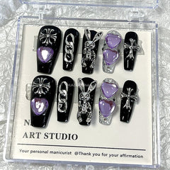 Y2K Punk Design False Nail Aesthetic Handmade Press On Nails Art Rhinestone Fake Nail With Glue Reusable Coffin Tips Manicure