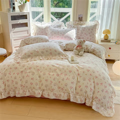 YICKYUE  Flower Washed Cotton Bedding Set Duvet Cover Set Korean Lace Ruffles Quilt Cover Soft Skin-friendly Cover Bed Linen Pillowcases