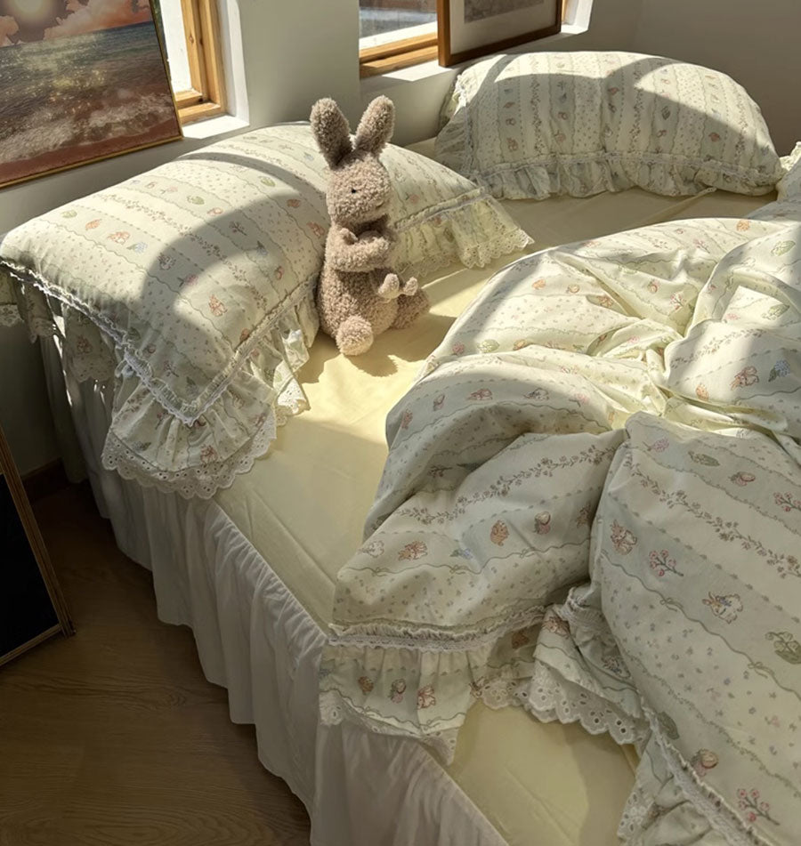 YICKYUE  -  Romantic sweet floral rabbit bedding set,twin full queen fairyfair lace cotton home textile bedspread pillow case duvet cover