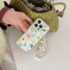YICKYUE  -  Ins Cartoon Summer Fruit Bag Starfish Shell Bead Bracelet Phone Case for iPhone 16 15 14 13 Pro Max Back Cover Fund