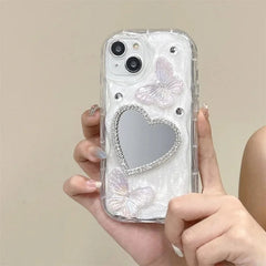 YICKYUE  INS 3D Bling Glitter Butterfly Love Heart Makeup Mirror Phone Case For iPhone 13 14 15 16 Pro Max 12 Pro 11 XR XS Silicone Cover