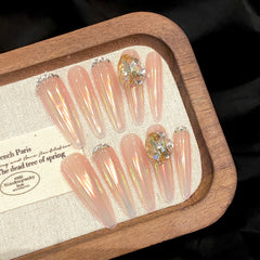 YICKYUE  -  Handmade Nude Pink Aurora Gradient Press on Nails with Large Crystal Design Fake Nails Long Oval Head Fashion False Nail Patches