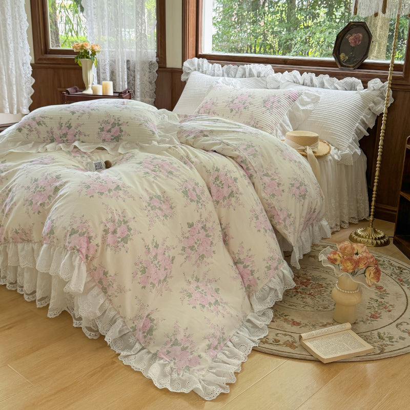YICKYUE  -  Floral Print Pure Cotton Korean Princess Style Bedding Set Bedskirt Bedspread Quilt Cover French Vintage Lace Bed Set Pillowcase
