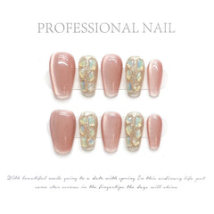 YICKYUE  -  Handmade Sweet Pink Cat Eye Press on Nails Glitter Diamond Decor False Nail Tips Wearable Full Cover Korean Short False Nails