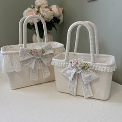 YICKYUE  -  Pastoral Picnic Basket Wedding Flower Basket French White Lace Velvet Hand Basket Romantic Bow Home Decor Storage Organizer