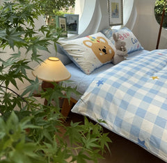 YICKYUE  -  Cute cartoon bear blue plaid bedding set single double kid,twin full queen cotton home textile bed sheet pillow case quilt cover