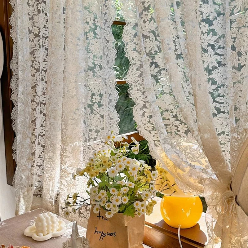 YICKYUE  -  1Pair French Retro Cream Beige Flower Embroidery Sheer Curtain European Court Style Lace Voiles Curtain For Living Room Bedroom
