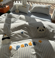YICKYUE  Cute cartoon embroidery panda bedding set,twin full queen king blue stripe cotton home textile bed sheet pillow case quilt cover