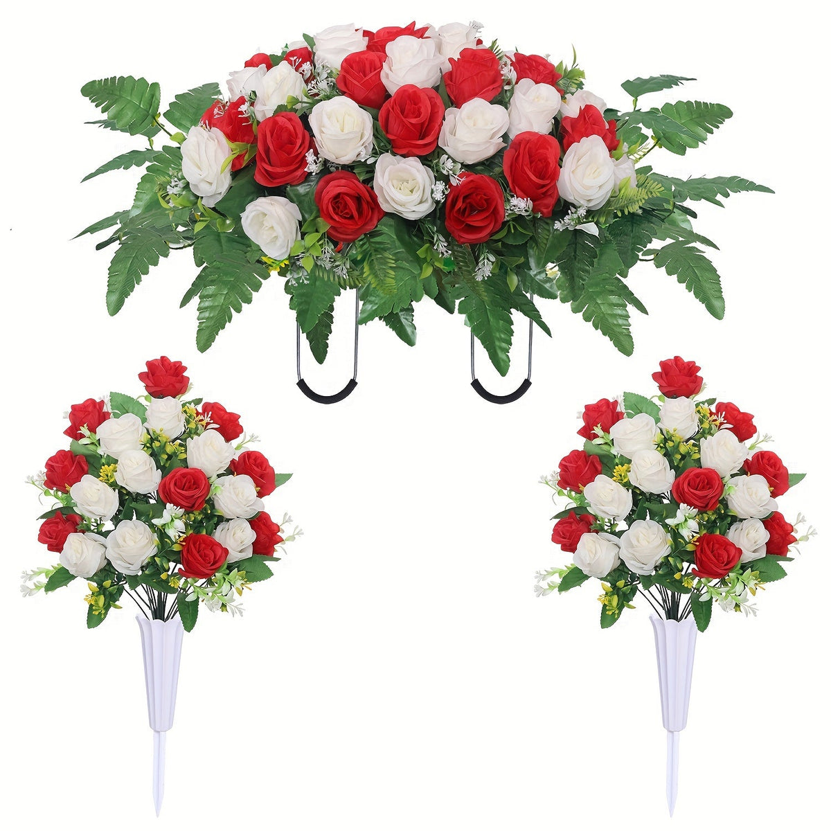 YICKYUE  -  3pcs Elegant Red & White Rose Artificial Flower Arrangements - Ideal for Graveyard Memorials, Home & Outdoor Decor, Farewell Tributes, Farewell Tribute Decor | Elegant Flower Arrangement | Durable Fabric Flowers,