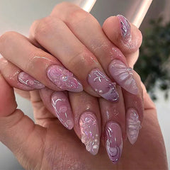 YICKYUE  -  24pcs 3D Clear Butterfly Design Press on Nails French Almond Fake Nails Full Cover Wearable Summer Manicure False Nail Patch