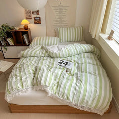 Yickyue Soft Cotton Textured Duvet Cover Set with Tassel Fringe Boho Chic Bedding sets Twin Queen Comforter Cover Bed Sheet Pillowcases