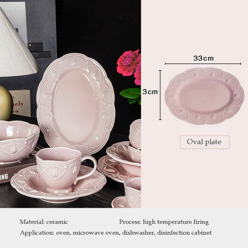 YICKYUE  -  Pink Plate Set Retro Embossed Ceramic Dishes Cup and Saucer Breakfast Milk Mug Soup Plate Kitchen Tableware Housewarming Gift