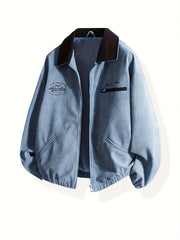 HEARUJOY  -  Men's Light Blue Corduroy Jacket - Stylish & Casual, Windproof with Zip-Up Closure, Logo & Side Pockets, Polyester, Perfect for Outdoor Activities