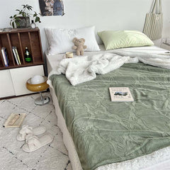 YICKYUE  -  Ins Style Bow Jacquard Milk Velvet Blanket Solid Color Double Layer Soft Sofa Cover Blanket Office Casual Warm Shawl Blanket