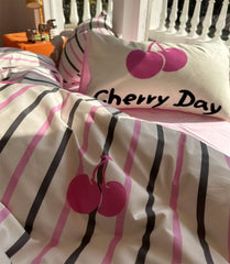 YICKYUE  -  Sweet cute pastoral cherry bedding set,twin full queen cotton pink black stripes home textile bed sheet pillow case quilt cover