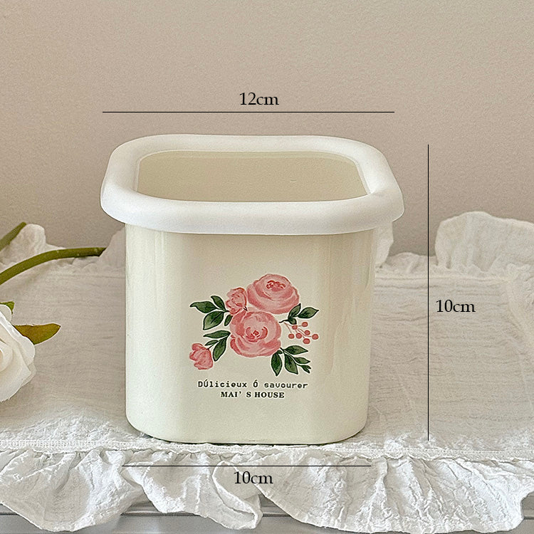 YICKYUE  -  Enamel Storage Box Retro Rose Enamel Preservation Box Fruit Snack Storage Jar Home Kitchen Container Storager Organizer