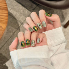 YICKYUE  -  10 pcs Luxury Shiny Handmade Press on Nails Short French Green Halo Dyeing Cat Eye Design Wearable Manicure Nail Tips Art