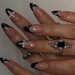 YICKYUE  -  24pcs/ box long white French almond nail, white star jewelry ribbon, press nails, nail patch, removable nail wear for women and