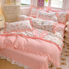 YICKYUE  -  Cartoon Princess Rabbit Bedding Set Kids Girls Ruffled Edge Bed Sheet Washed Cotton Duvet Covers With Rabbit Ears Decorations