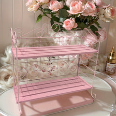 YICKYUE  1pc Pink 2-Tier Foldable Metal & Wood Storage Rack ¨C Elegant Countop Organizer for Bedroom, Kitchen, Bathroom, Living Room, or Garden Decor, Living Room Storage, Utility Racks