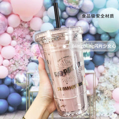 Double Layer Plastic Cups With Straw And Lids Cover For Girl Heat Insulated Plastic Bottle Water Cup Household Office Bpa Free