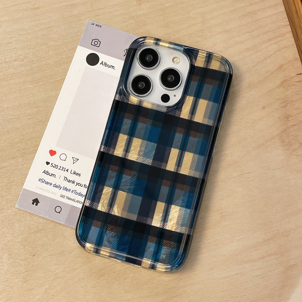 YICKYUE  -  Retro Blue Yellow Color Collision Grid Pattern Shockproof Protective Phone Cover Case for iPhone 16 15 14 13 12 Pro Max