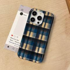 YICKYUE  -  Retro Blue Yellow Color Collision Grid Pattern Shockproof Protective Phone Cover Case for iPhone 16 15 14 13 12 Pro Max
