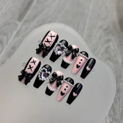 YICKYUE  -  10pcs Handmade Y2k black Press On Nails Pink Heart Design Reusable Fake Nails Artificial Manicure Wearable False Nails For Girls